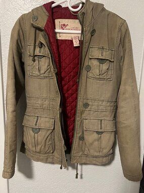 Abercrombie & Fitch Olive Green Military Jacket with Red Lining